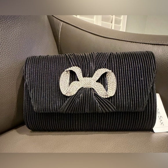 Adrienne Vittadini Handbags - NWT! Adrienne Vittadini Black Pleated Clutch with Crystal Bow Accent